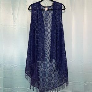Espresso blue long sleeveless lace vest.